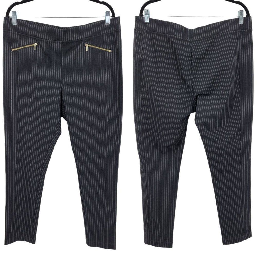 Karl Lagerfeld Mid‎ Rise Stretch Pants 16 XL Black Gray Pinstripe Faux Zippers